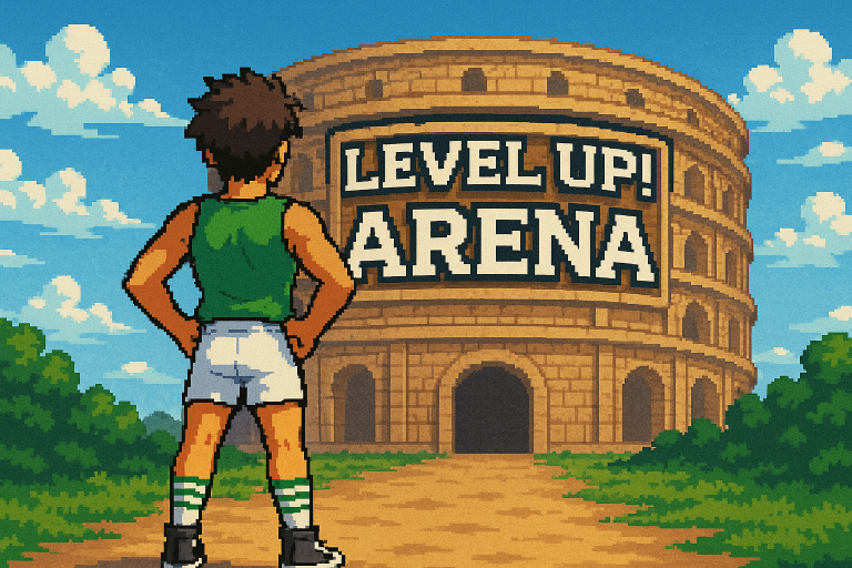 A cartoon image of a fit male looking away from the viewer towards a colisseum in the background that has the words "Level Up! Arena" on it.