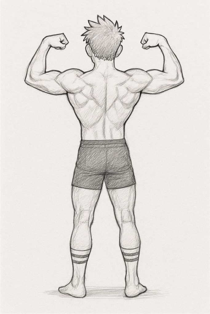 Sketch Image showing proper form for taking progress photos - Rear View Double Bicep