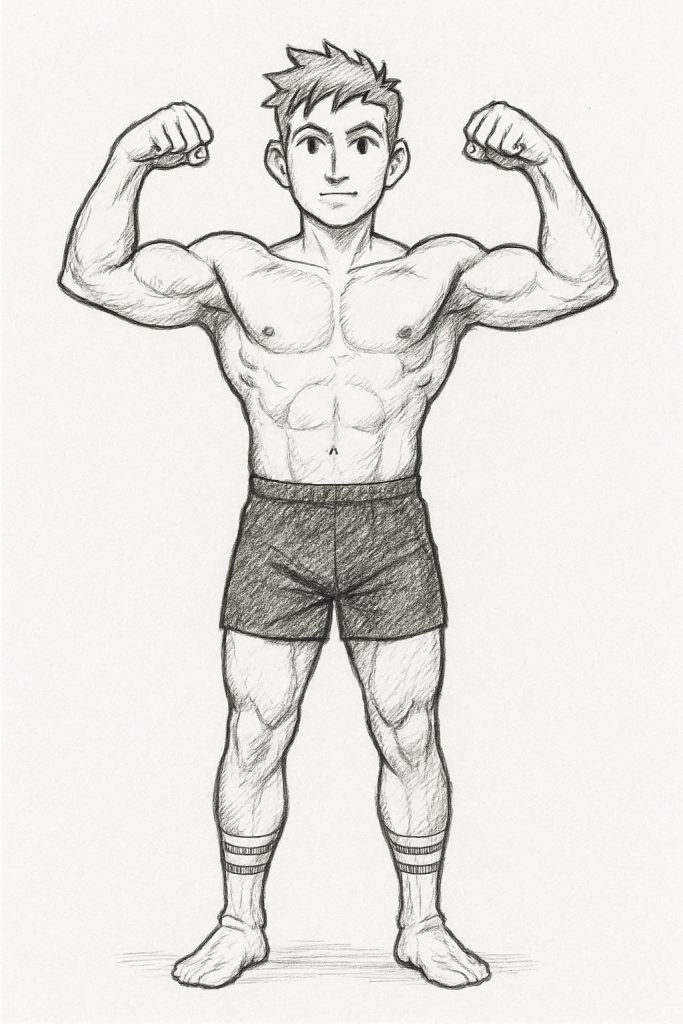 Sketch Image showing proper form for taking progress photos - Front View Double Bicep