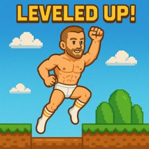 Joshua Marron jumps triumphantly in white briefs and retro skater socks, pixel art style, with “LEVELED UP!” above him.