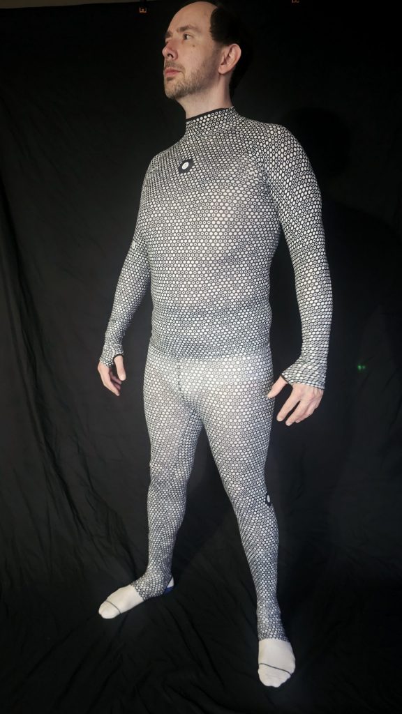 Side angle of Joshua Marron in ZOZOSUIT during Week 1 closing scan for Project Legacy fitness and body composition tracking.
