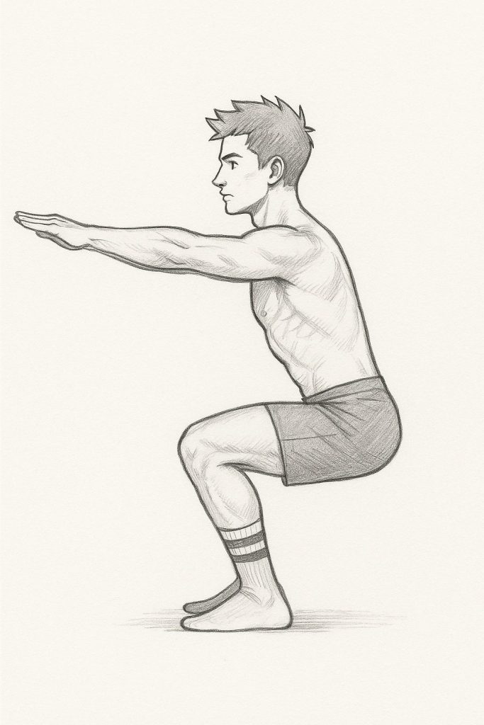 Sketch Image showing proper form for taking progress photos - Full Body Squat Side View