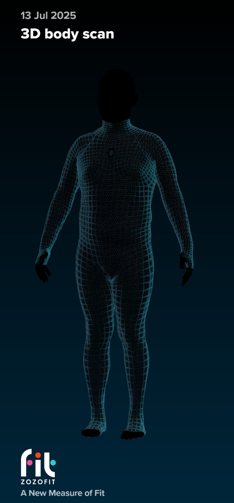 3D body scan of Joshua Marron captured during Project Legacy onboarding using ZOZOFIT suit.