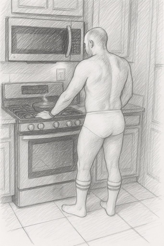 Joshua Marron cooking shirtless at the stove in briefs and skater socks, pencil sketch.
