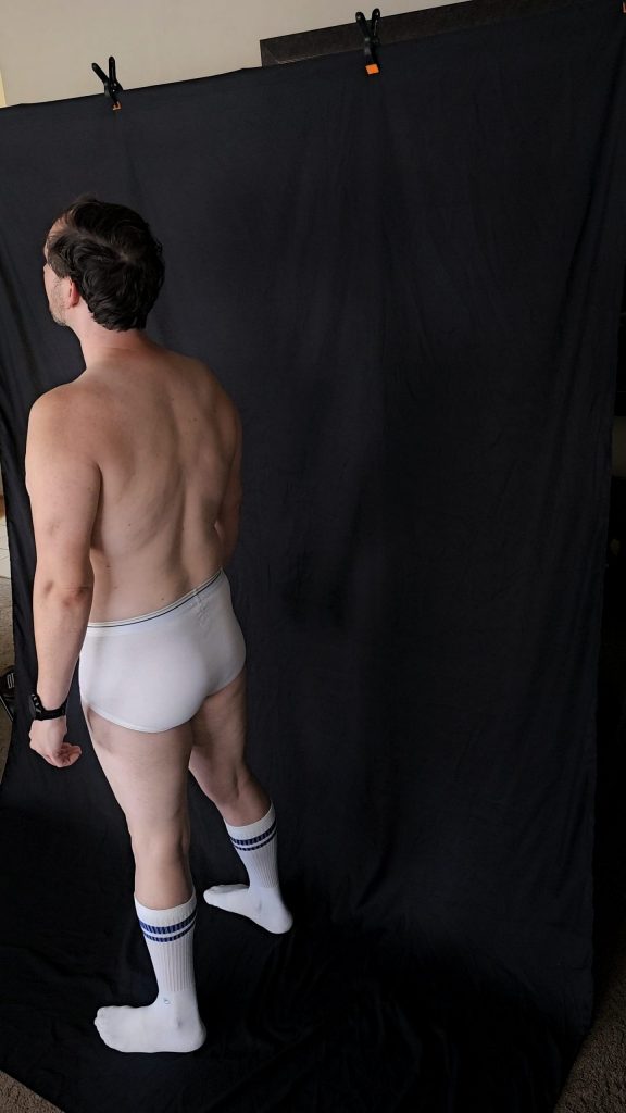 Joshua Marron progress photo setup - back pose behind the scenes