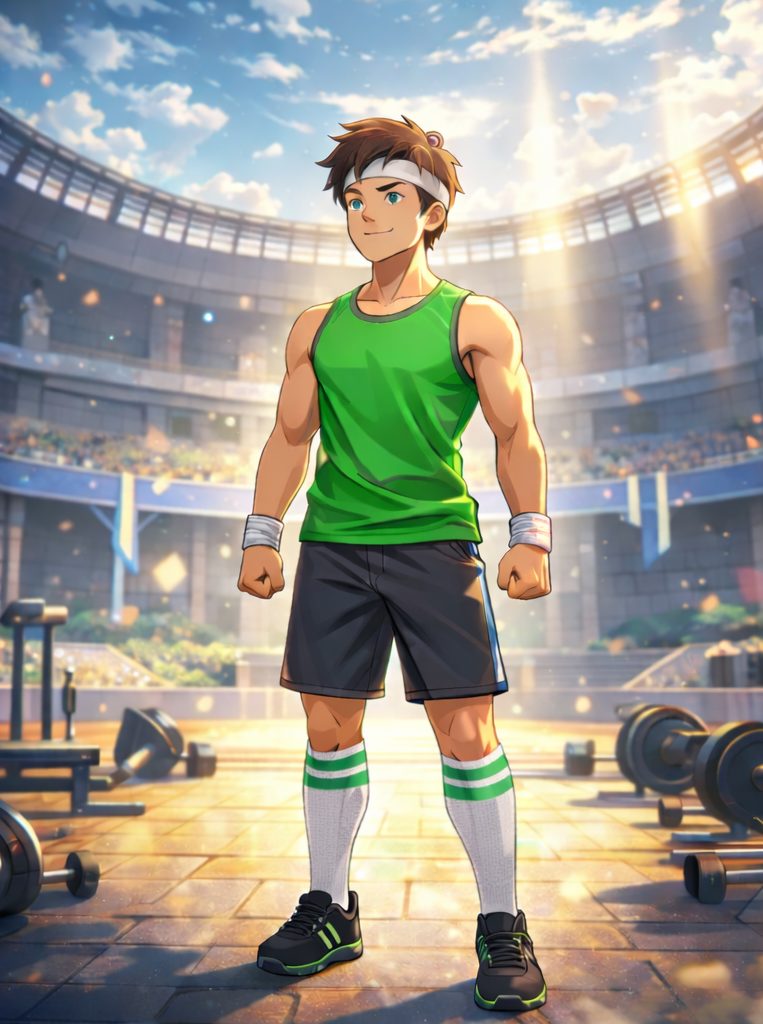 An anime-inspired illustration of an everyday hero standing confidently inside The Level Up! Arena; a coliseum-style gym bathed in warm light. The character wears a green athletic tank, black training shorts, retro white skater socks with green stripes, and black shoes with green accents, symbolizing readiness and progression. Surrounded by strength-training equipment and an energized arena atmosphere, the image represents empowerment, momentum, and the beginning of a personal fitness journey. This visual reflects The Level Up! Arena&rsquo;s approach to fitness and health coaching, blending strength training, discipline, and identity transformation into a game-like experience where anyone can level up.