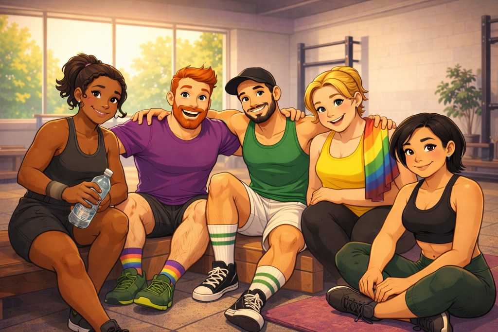 A semi-realistic illustration showing Coach JV seated with a diverse group of clients inside a bright, welcoming gym space. The group represents different genders, body types, and backgrounds, sitting together in a relaxed, supportive moment after training. Coach JV wears the signature Level Up! Arena outfit, including a green tank top and black-and-white Converse-style high tops, symbolizing approachability and leadership. Subtle Pride-inspired accents and calm body language reinforce a message of inclusivity, belonging, and community. This image reflects The Level Up! Arena&rsquo;s commitment to creating a safe, supportive environment where everyone is respected, empowered, and encouraged to grow stronger together through health and fitness coaching.
