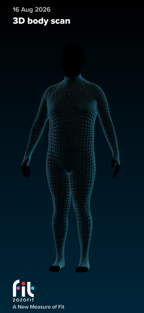 ZOZOfit 3D body scan and circumference measurement report for Joshua Marron’s Week 2 transformation check-in showing chest, waist, and hip metrics.